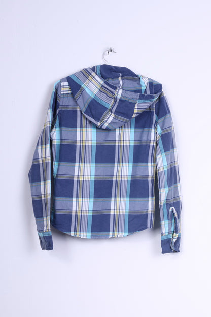 Hollister Mens S Casual Shirt Cotton Blue Checkered Hooded Long Sleeve