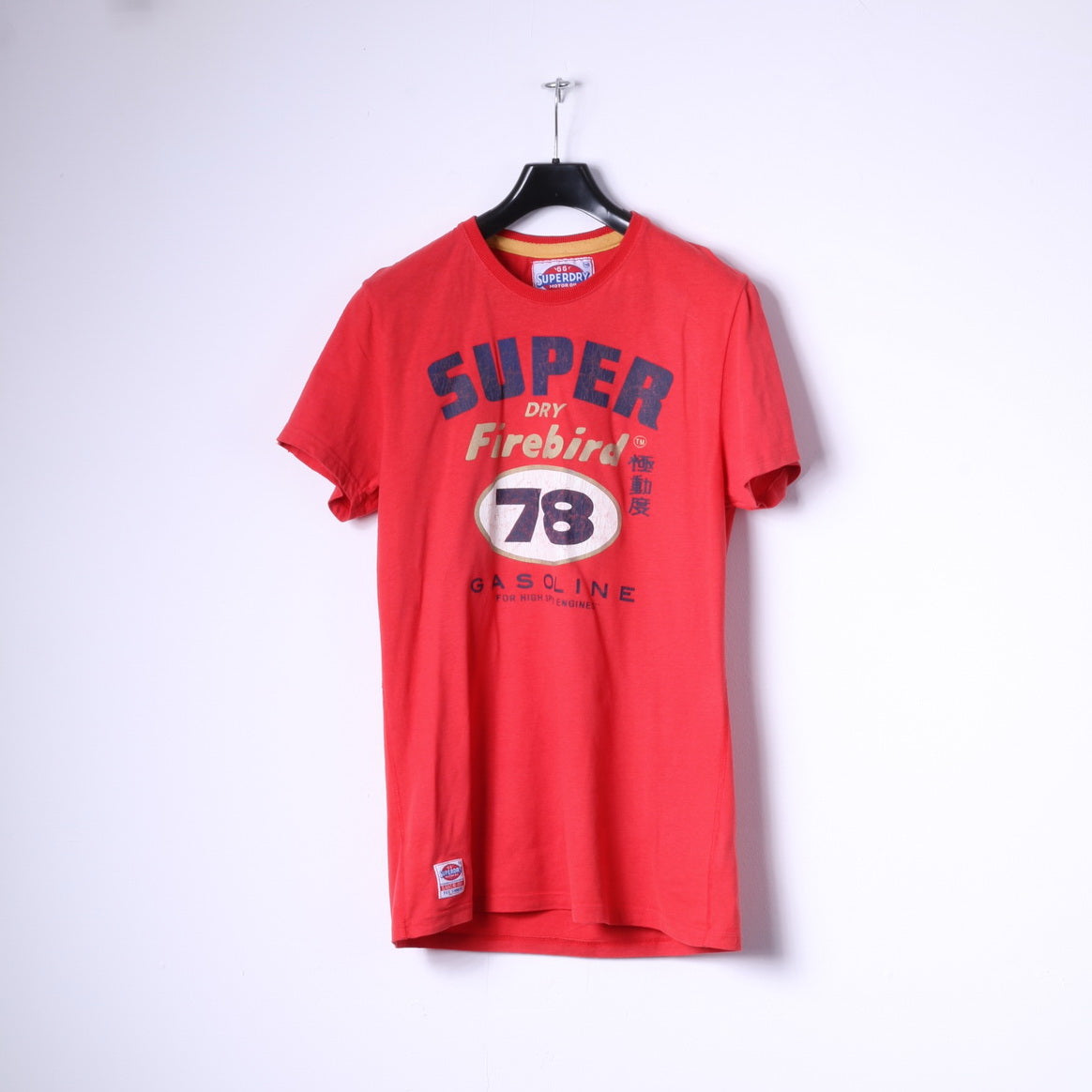 Superdry Mens L T-Shirt Red Cotton Motor Oil Graphic Gasoline Slim Fit Top