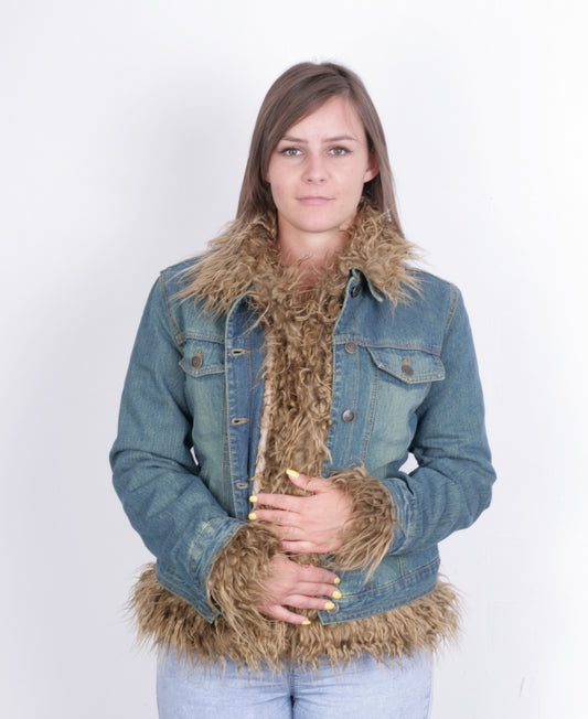 New Outline Women M Jacket Jeans Denim Fur Boho Vintage - RetrospectClothes