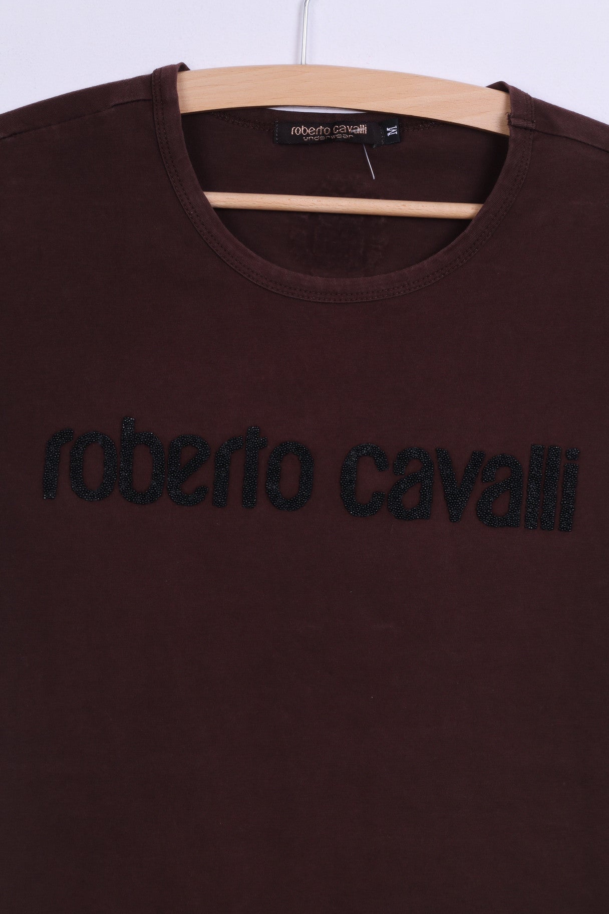 Roberto Cavalli T-shirt da donna M in cotone marrone con perline e scollo rotondo