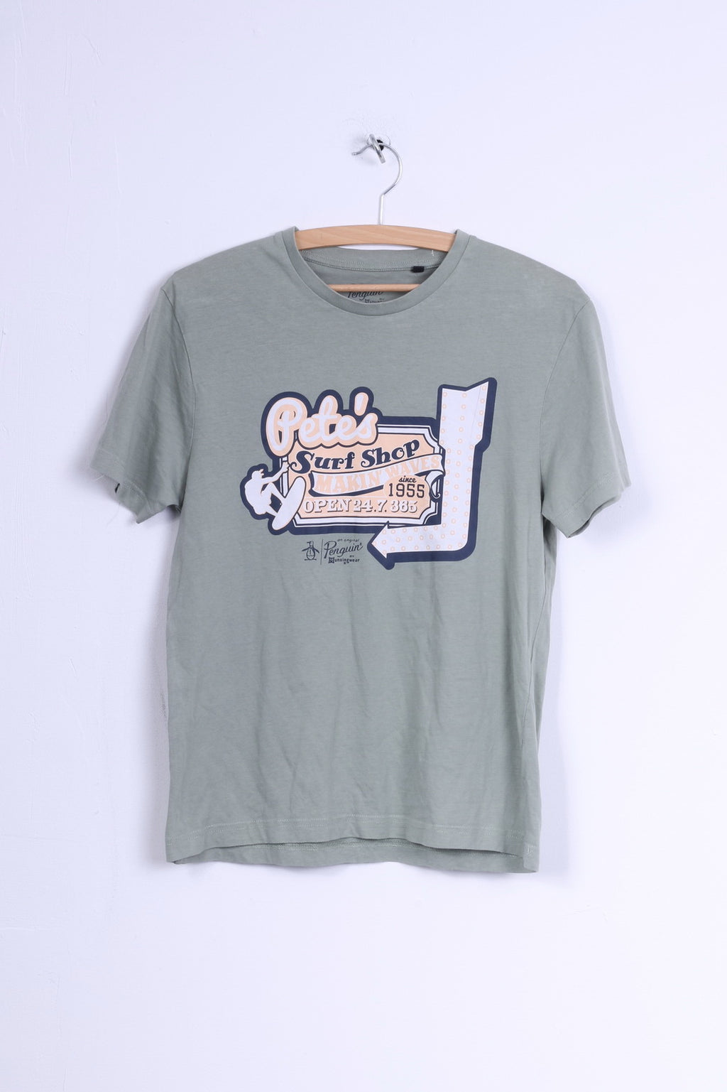 Penguin Mens S T-Shirt Khaki Cotton Crew Neck Graphic Shirt Pete's Surf Shop