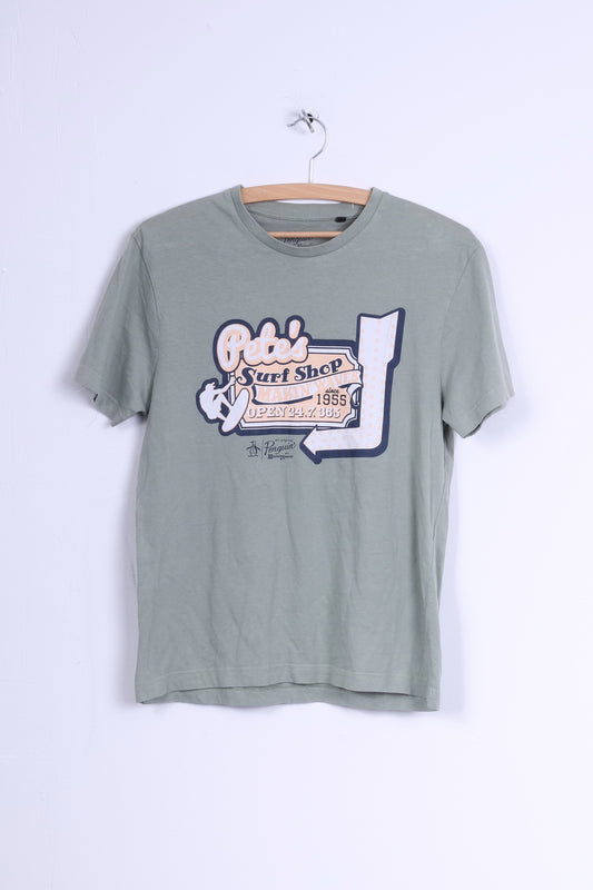 Penguin T-shirt da uomo S Maglietta grafica girocollo in cotone kaki Pete's Surf Shop