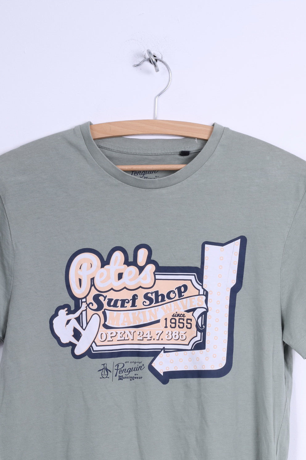 Penguin Mens S T-Shirt Khaki Cotton Crew Neck Graphic Shirt Pete's Surf Shop