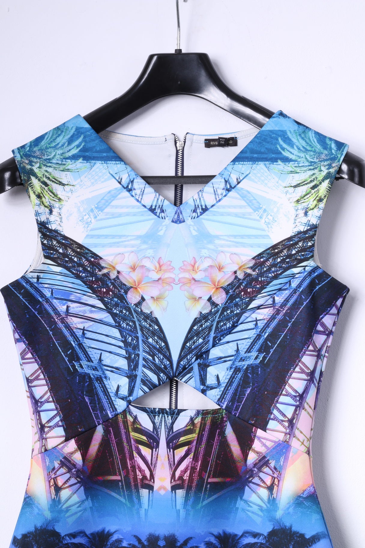 River Island Womens 10 36 S Mini Dress Blue Summer Palms Beach Sexi