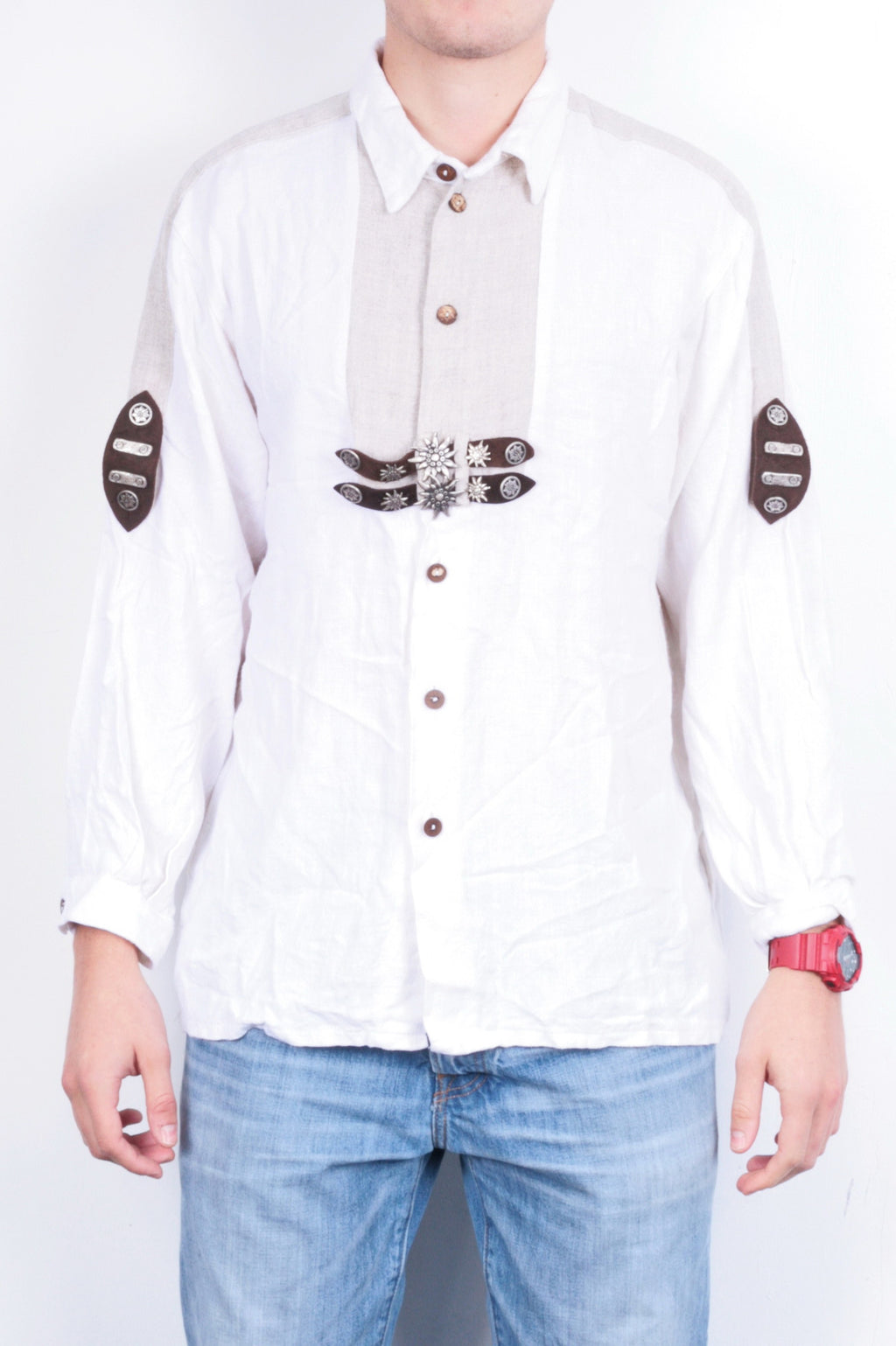 Mens 2XL Casual Shirt Tradition Alpen Beige Tirol Bavaria Austria Linen - RetrospectClothes