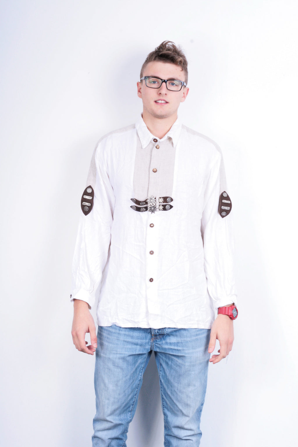 Mens 2XL Casual Shirt Tradition Alpen Beige Tirol Bavaria Austria Linen - RetrospectClothes