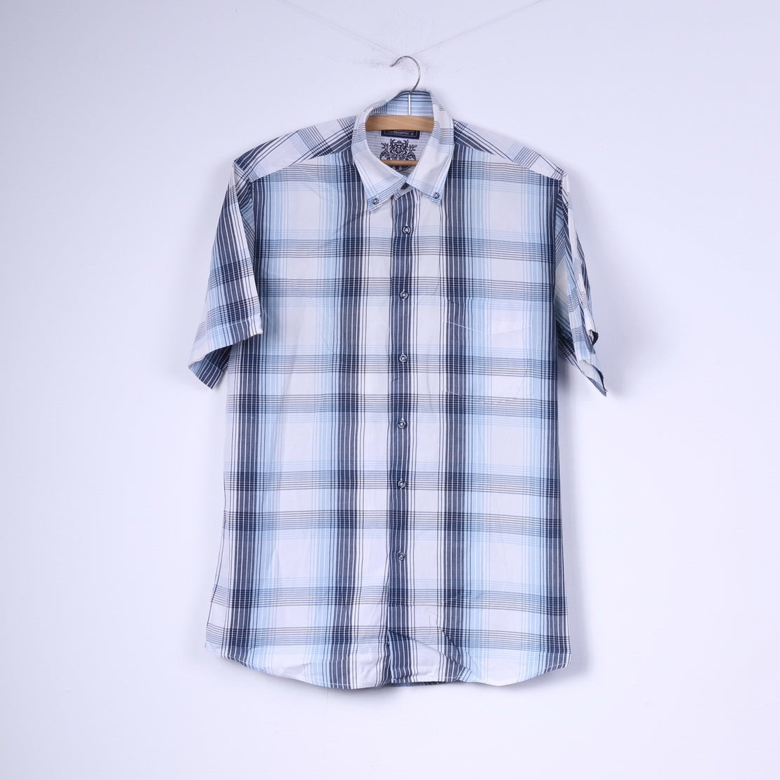 Claudio Campione Southampton Mens M Casual Shirt Blue Check Short Sleeve Cotton Button Down Collar