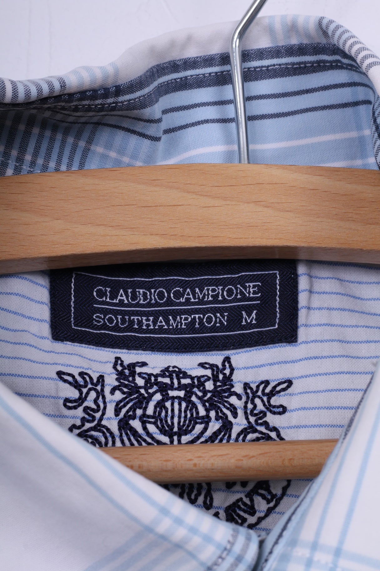Claudio Campione Southampton Mens M Casual Shirt Blue Check Short Sleeve Cotton Button Down Collar