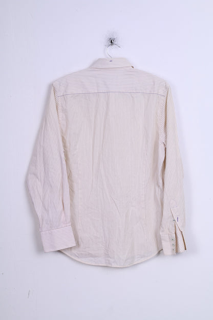 River Island Mens M Casual Shirt Striped Cream Beige Cotton Slim Fit