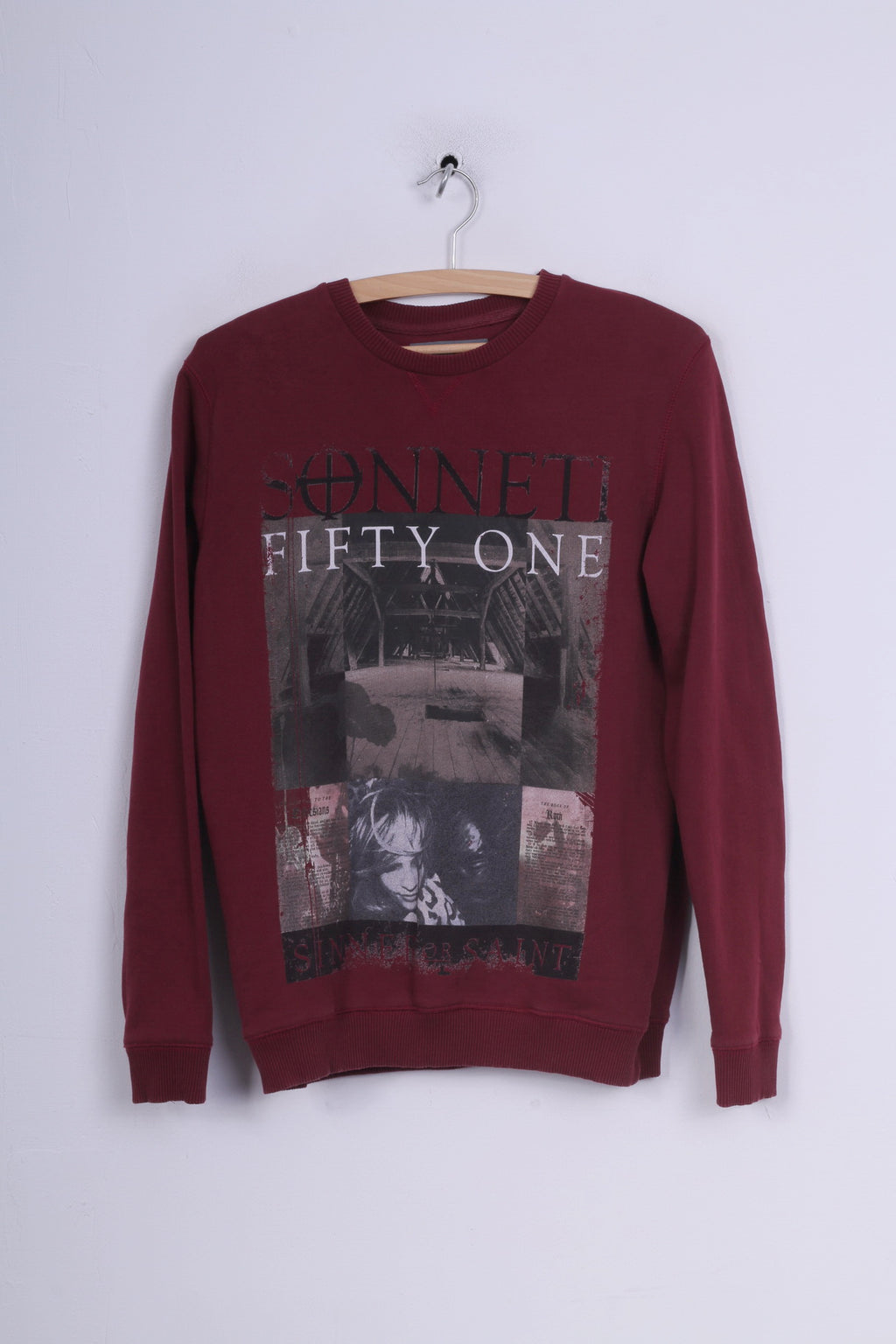 Sonneti Womens L Sweatshirt Jumper Cotton Maroon Graphic Jumper Crew Neck Fifty One