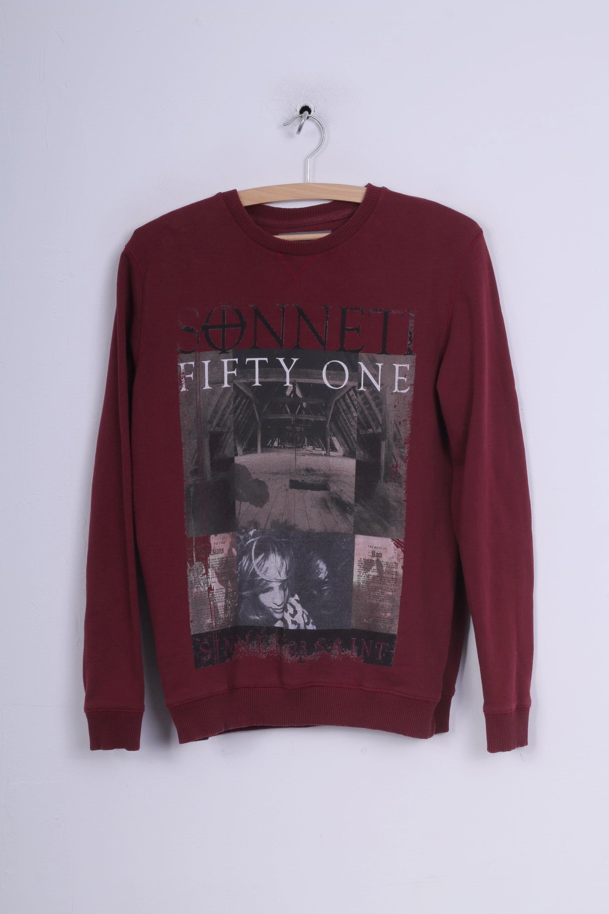 Sonneti Womens L Sweatshirt Jumper Cotton Maroon Graphic Jumper Crew Neck Fifty One