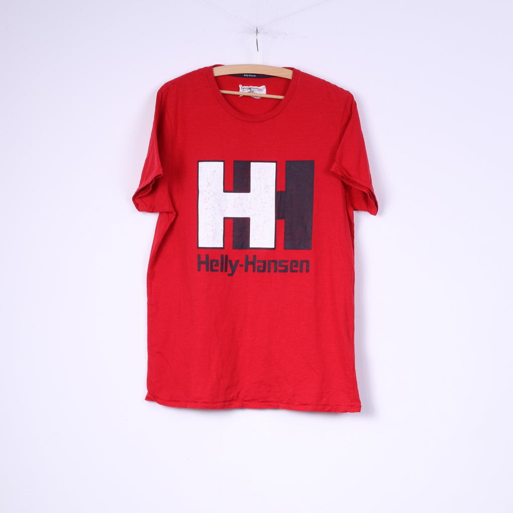 T-shirt da uomo Helly Hansen L, girocollo grafico, top rosso in cotone, grande logo 