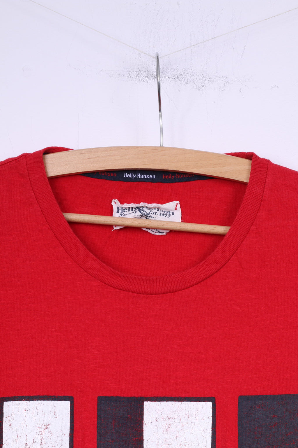 T-shirt da uomo Helly Hansen L, girocollo grafico, top rosso in cotone, grande logo 