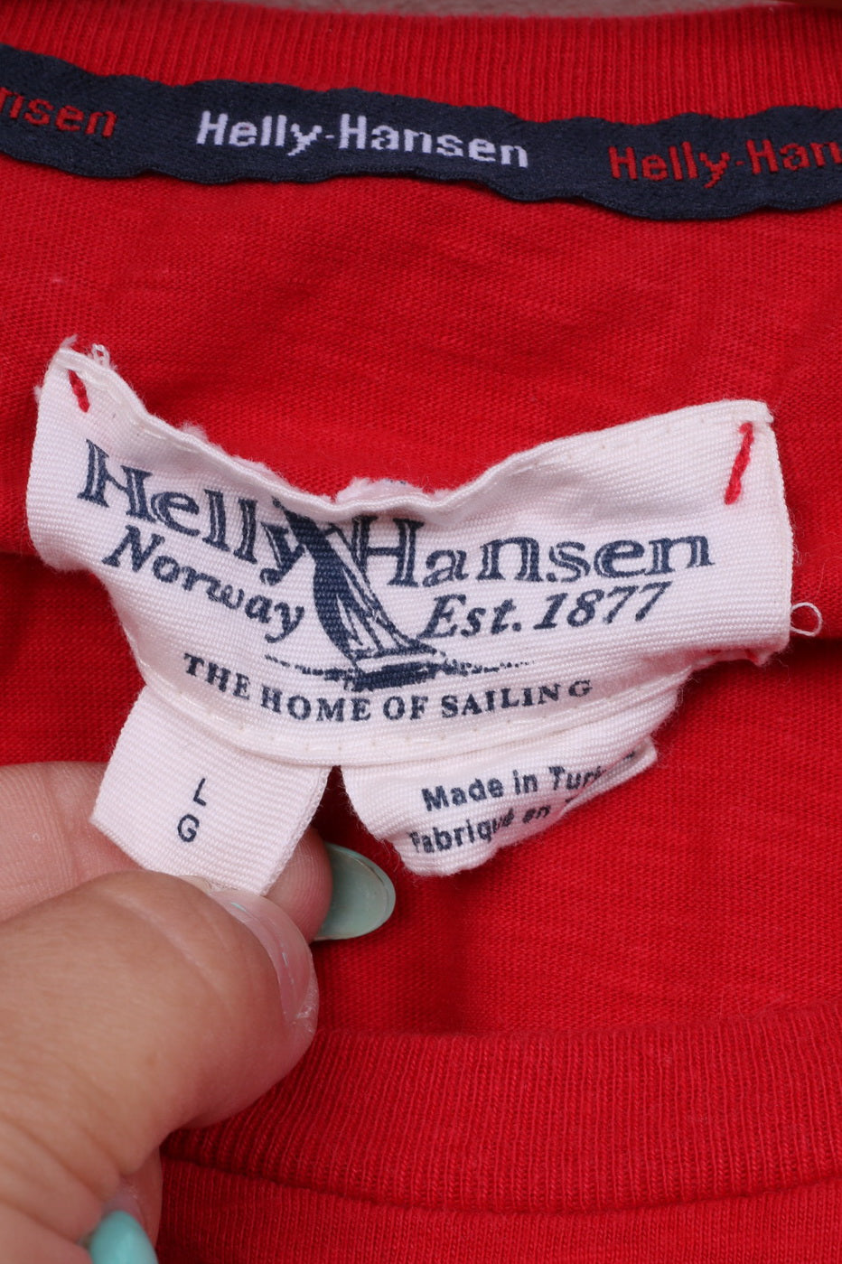 Helly Hansen Mens L T-Shirt Graphic Crew Neck Red Top Cotton Big Logo