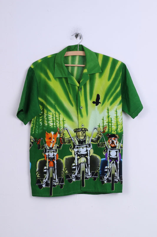 All Things Boys 10 Age Casual Shirt Green Graphic Dogs Motor Short Sleeve