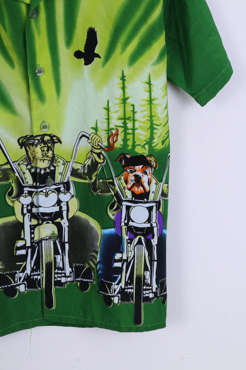 All Things Boys 10 Age Casual Shirt Green Graphic Dogs Motor Short Sleeve