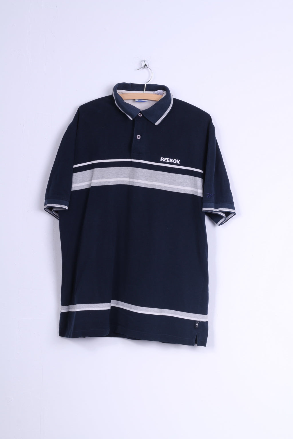 Polo Reebok da uomo L in cotone blu scuro a righe vintage