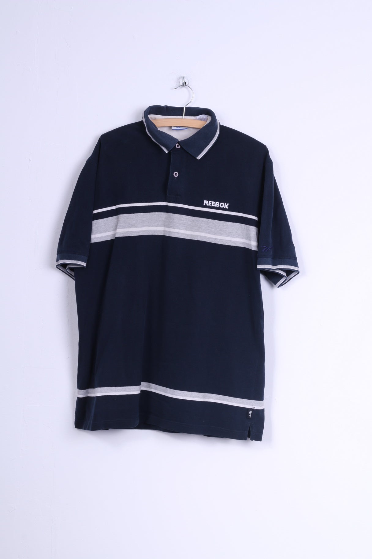 Polo Reebok da uomo L in cotone blu scuro a righe vintage