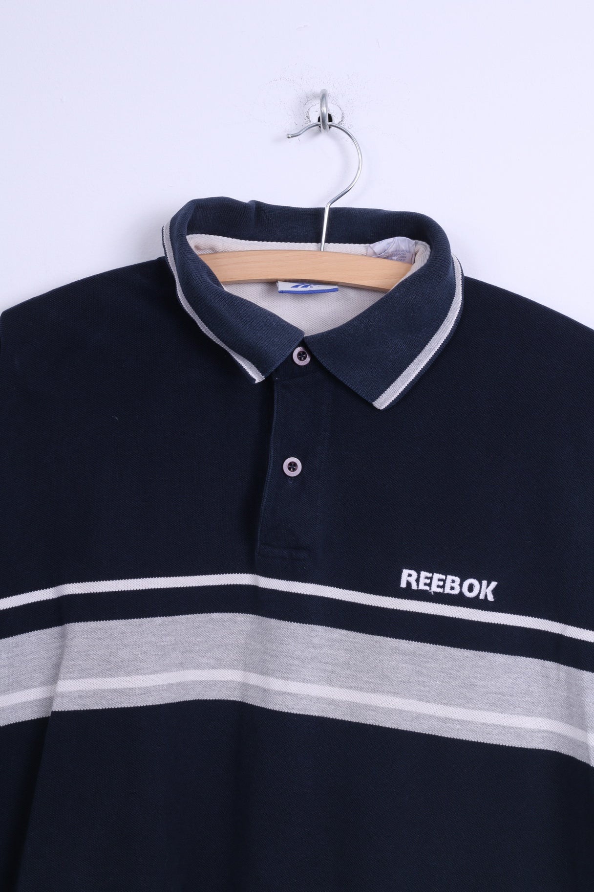 Polo Reebok da uomo L in cotone blu scuro a righe vintage