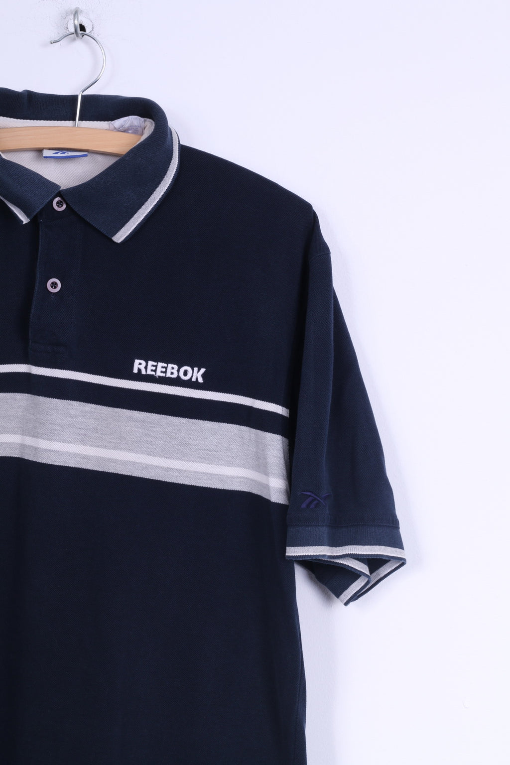 Polo Reebok da uomo L in cotone blu scuro a righe vintage