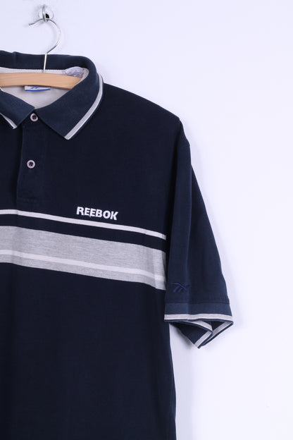 Reebok Polo L Homme Bleu Marine Coton Vintage Rayé