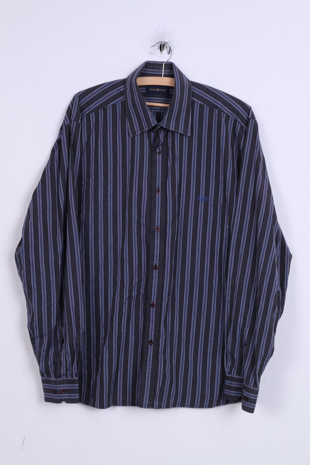 HENRI LLOYD Camicia casual da uomo XL a righe in cotone blu navy con bottoni dettagliati