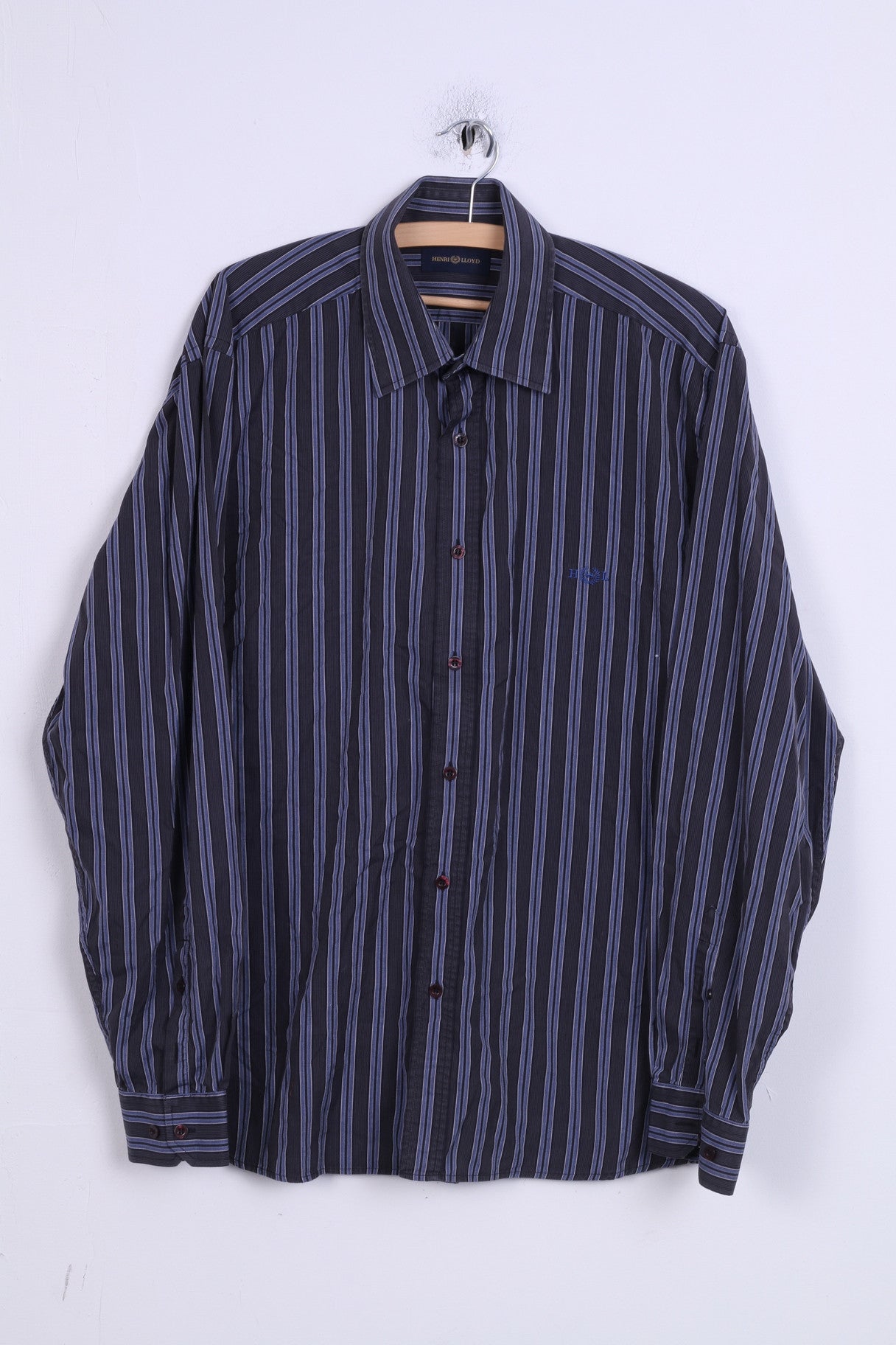 HENRI LLOYD Camicia casual da uomo XL a righe in cotone blu navy con bottoni dettagliati