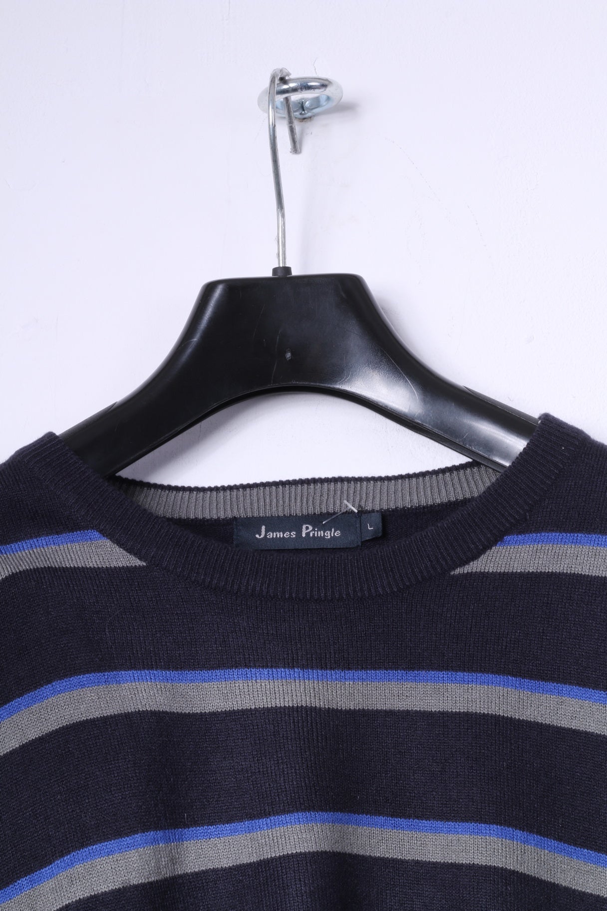 James Pringle Mens L Jumper Navy Striped 100% Acrylic Classic Sweater