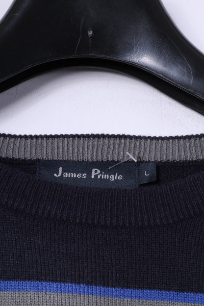 James Pringle Mens L Jumper Navy Striped 100% Acrylic Classic Sweater