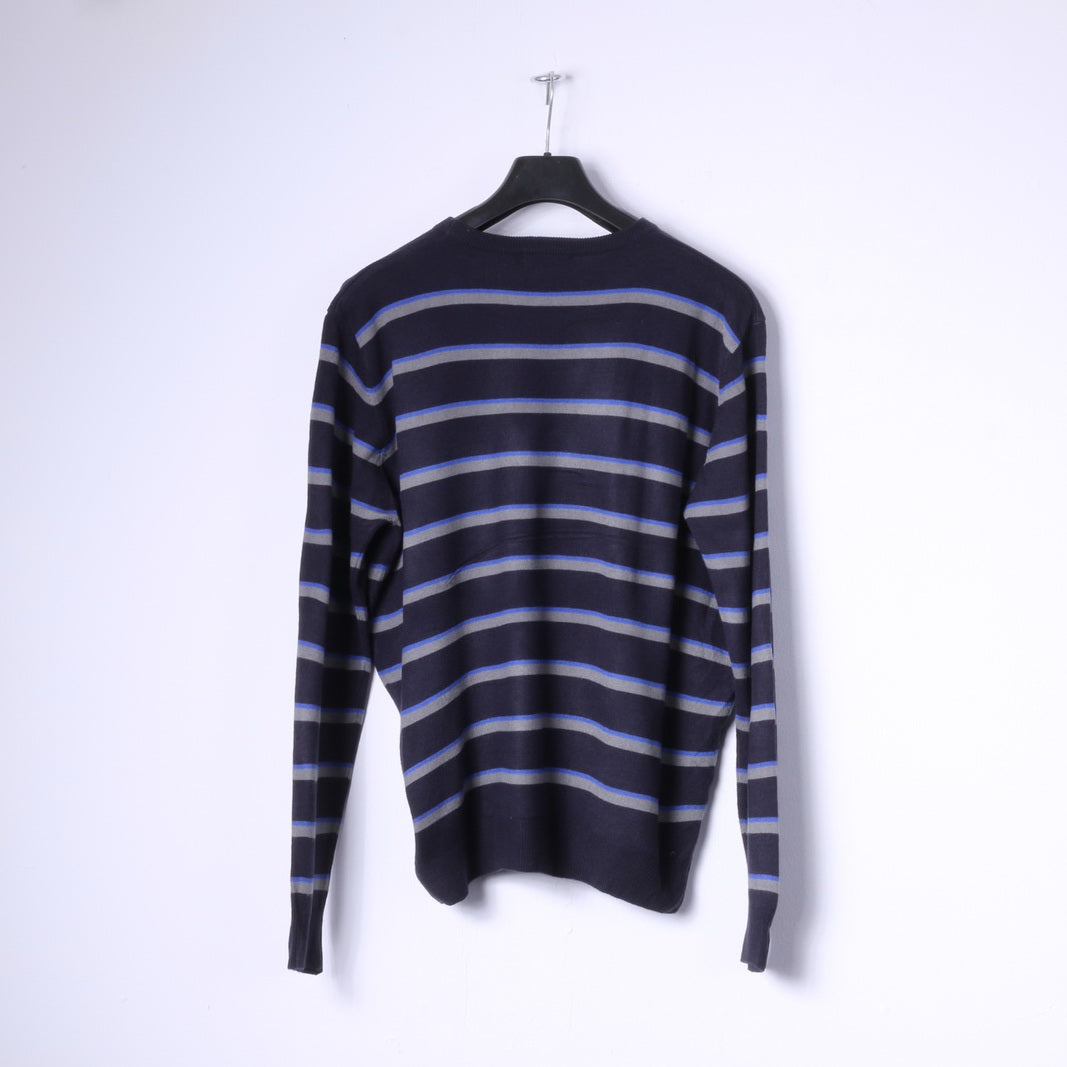 James Pringle Mens L Jumper Navy Striped 100% Acrylic Classic Sweater