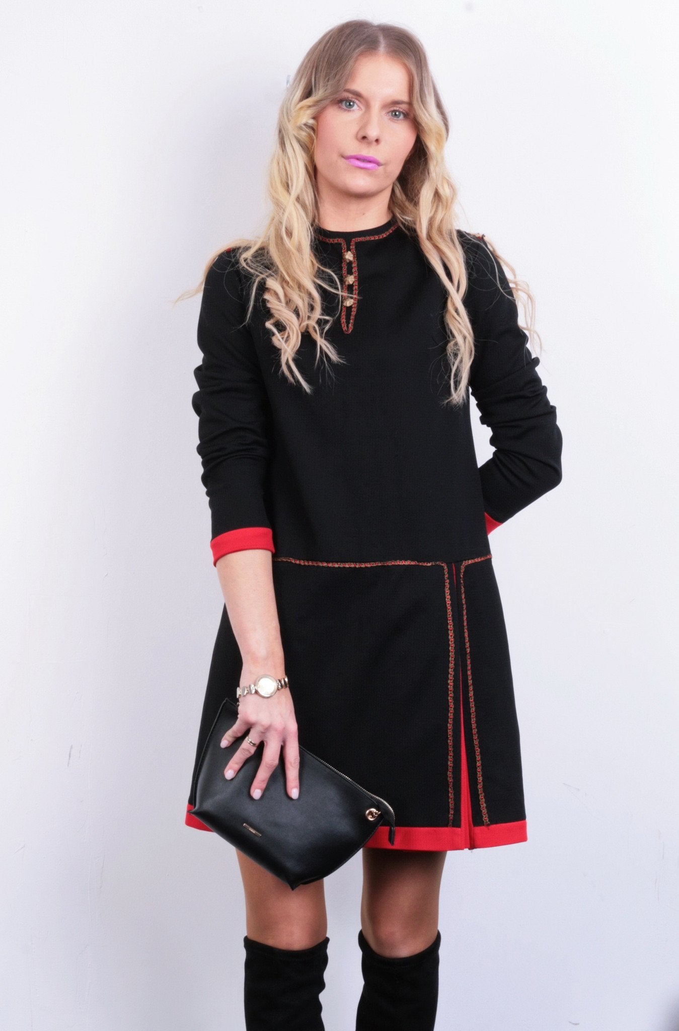 Kunert Women 40 S Mini Dress Black Diolen Loft Austria Gold Buttons Vintage Tyrol