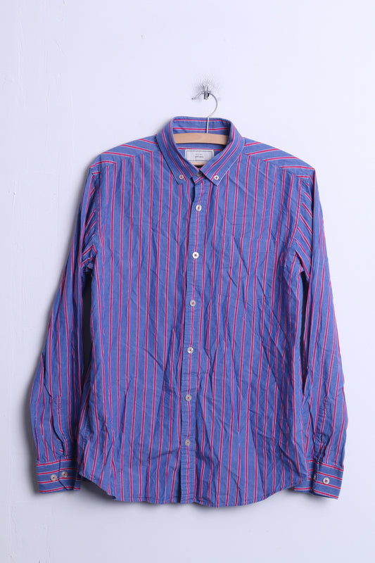 John Lewis Mens M Casual Shirt Striped Blue Cotton Single Breasted Top - RetrospectClothes