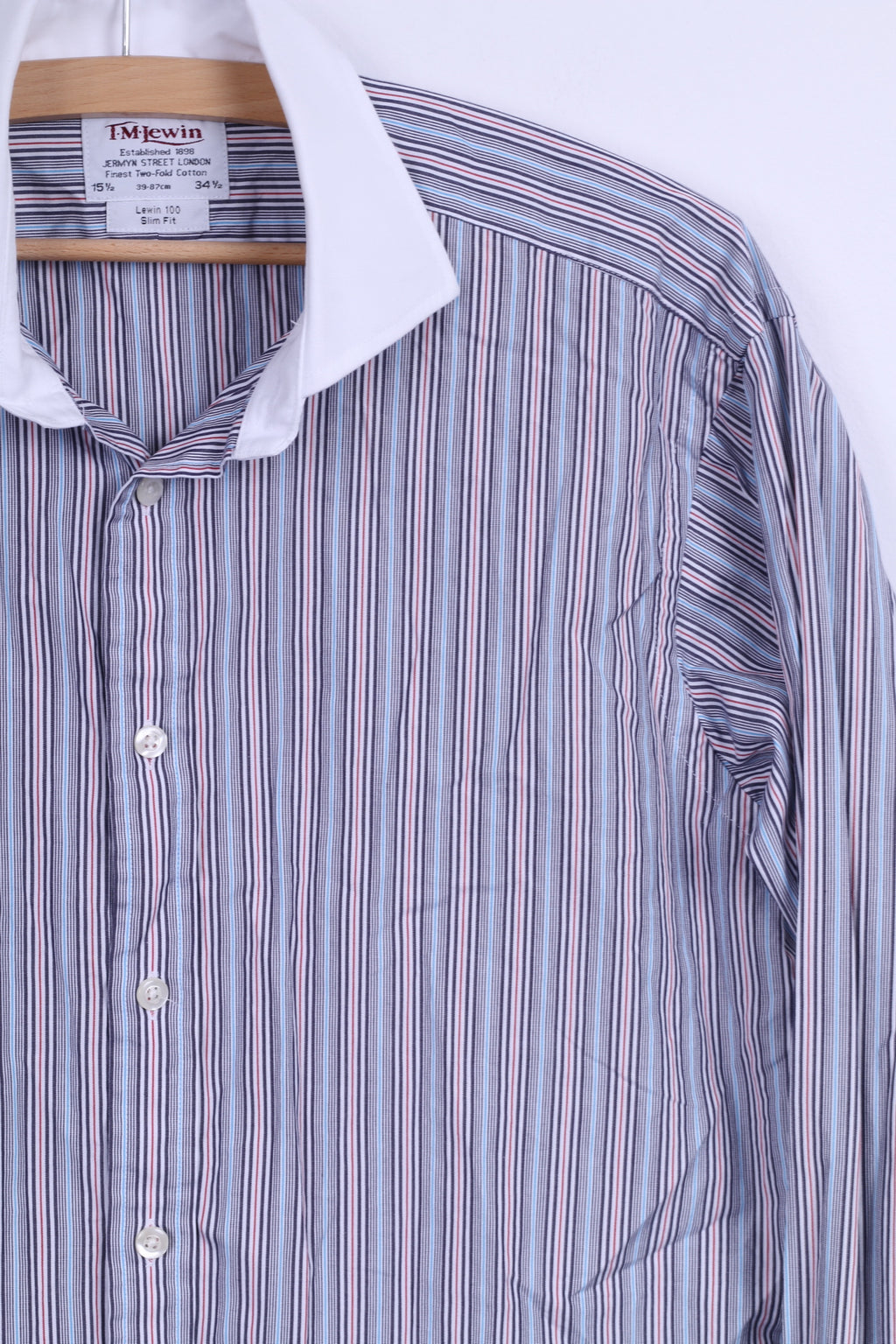 TM Lewin Chemise décontractée pour homme 15,5 34,5 M Bleu rayé Poignets en coton Coupe ajustée