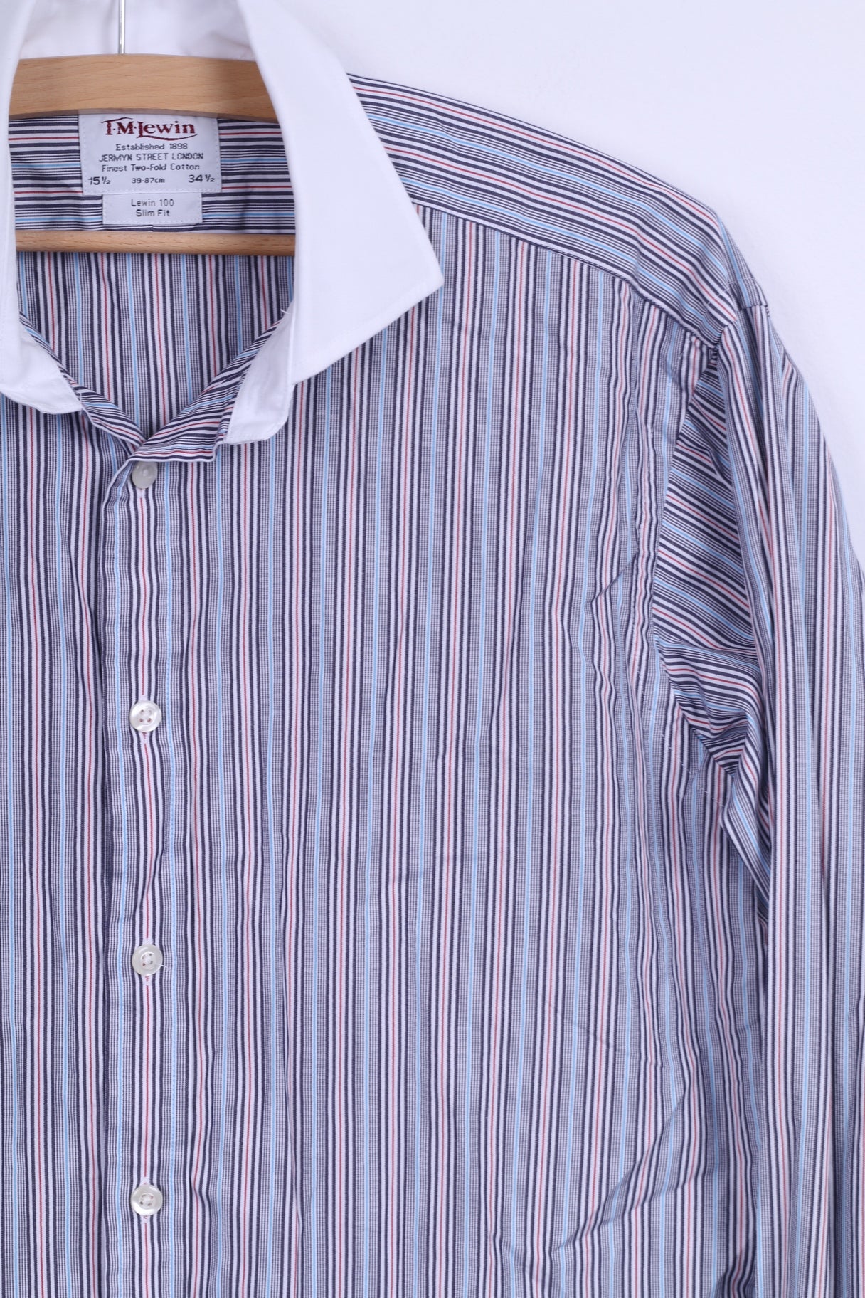 TM Lewin Chemise décontractée pour homme 15,5 34,5 M Bleu rayé Poignets en coton Coupe ajustée