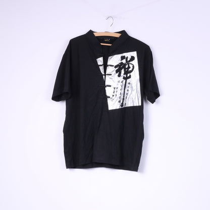 Get Mens L Shirt Asian Style Black Short Sleeve Cotton Top