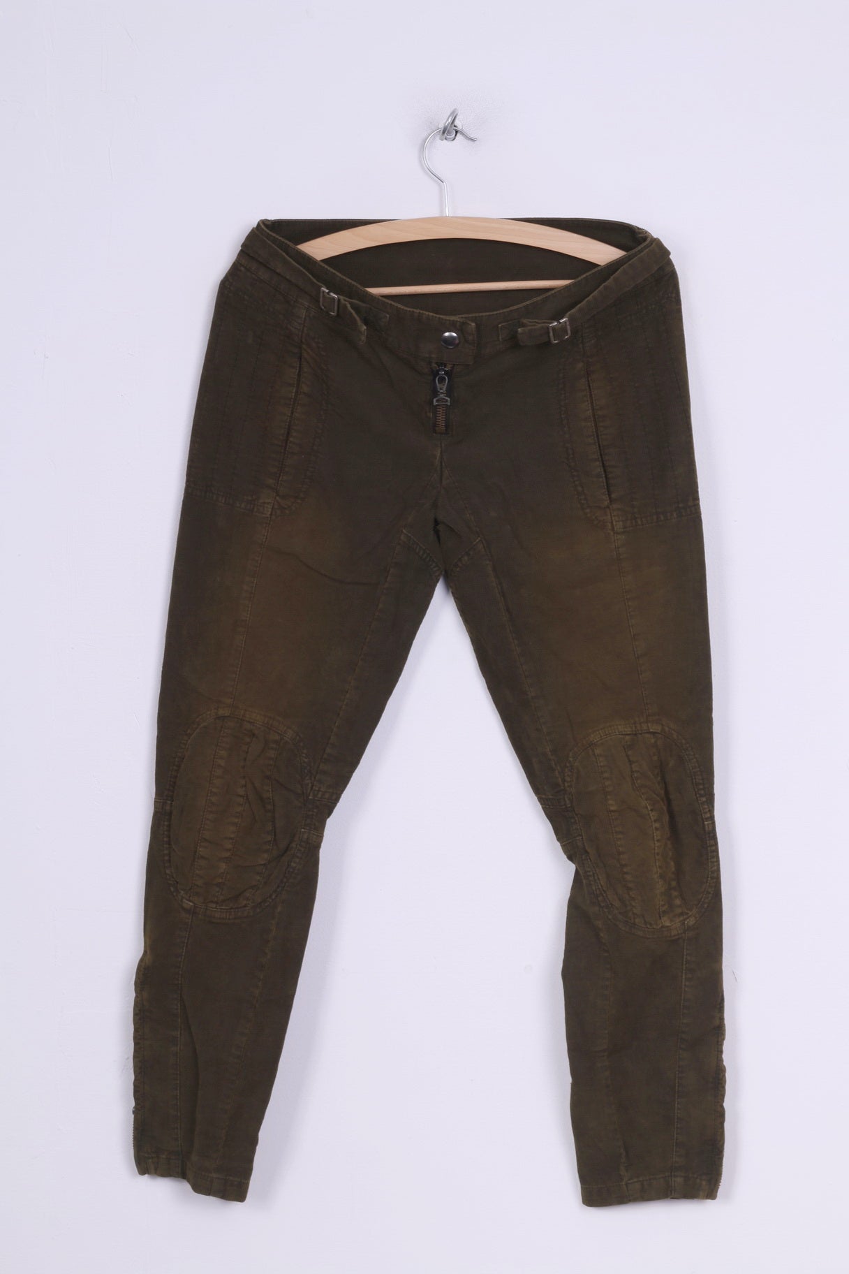 Dondup Donna 28 Pantaloni Verde Velluto A Coste Cotone D006K Italia Toppe Al Ginocchio