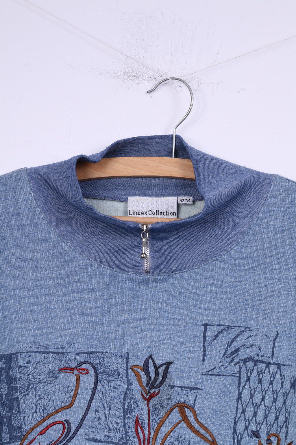 Lindex Collection For Women 42/44 XL Womens Graphic Jumper Zip Neck Blue Cotton