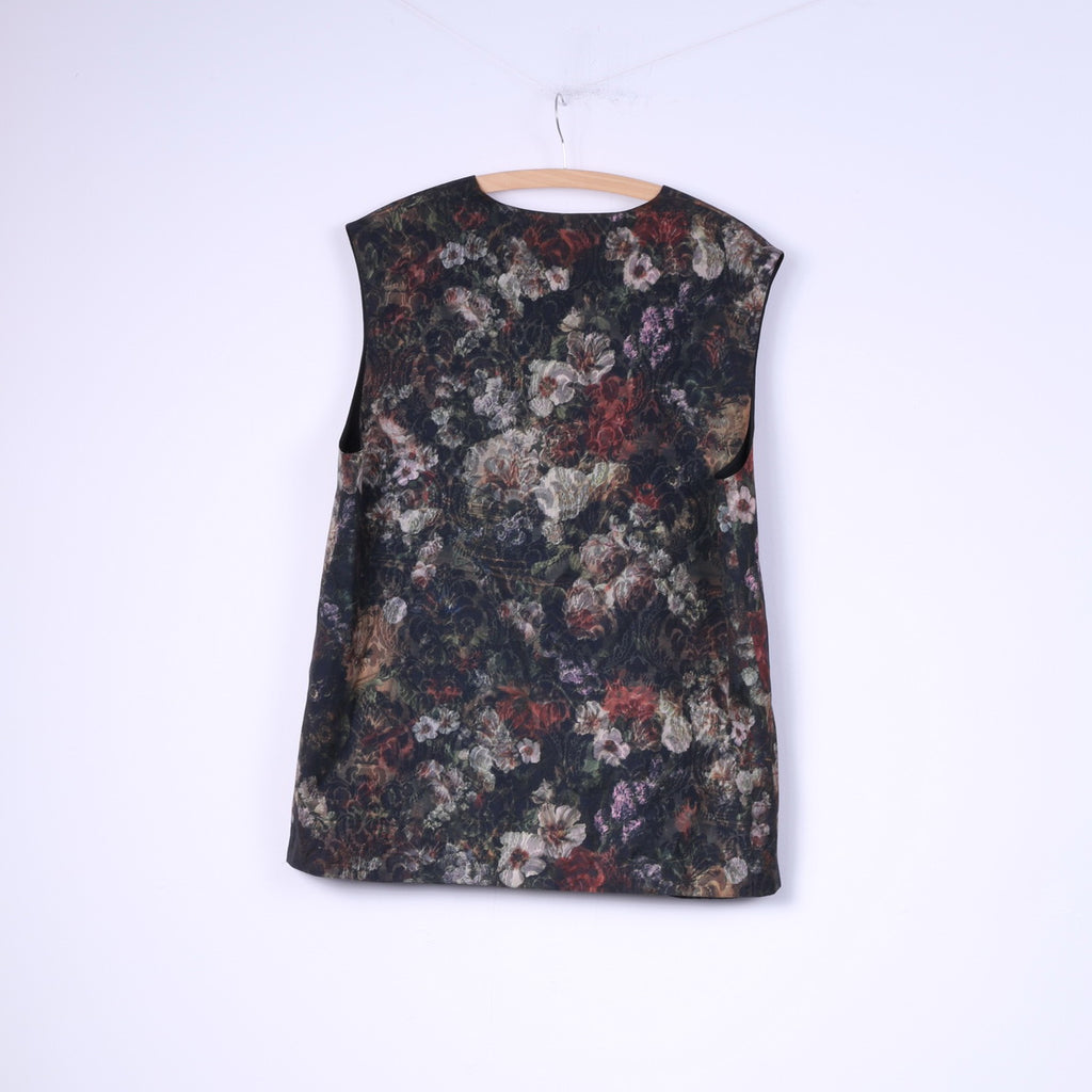 Felicia Women 44 L Vest Waistcoat Navy Floral Print Shiny Single Breasted Vintage