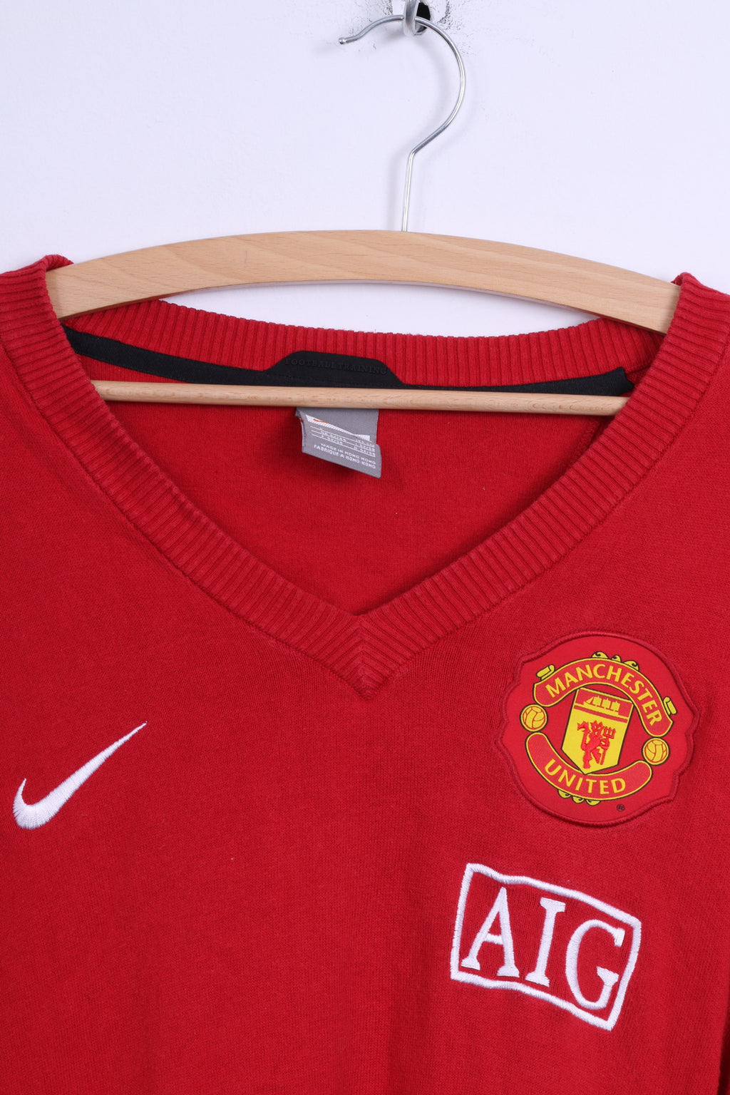 Maglia da uomo Nike L rossa, maglione rosso del Manchester United Football Club, con scollo a V