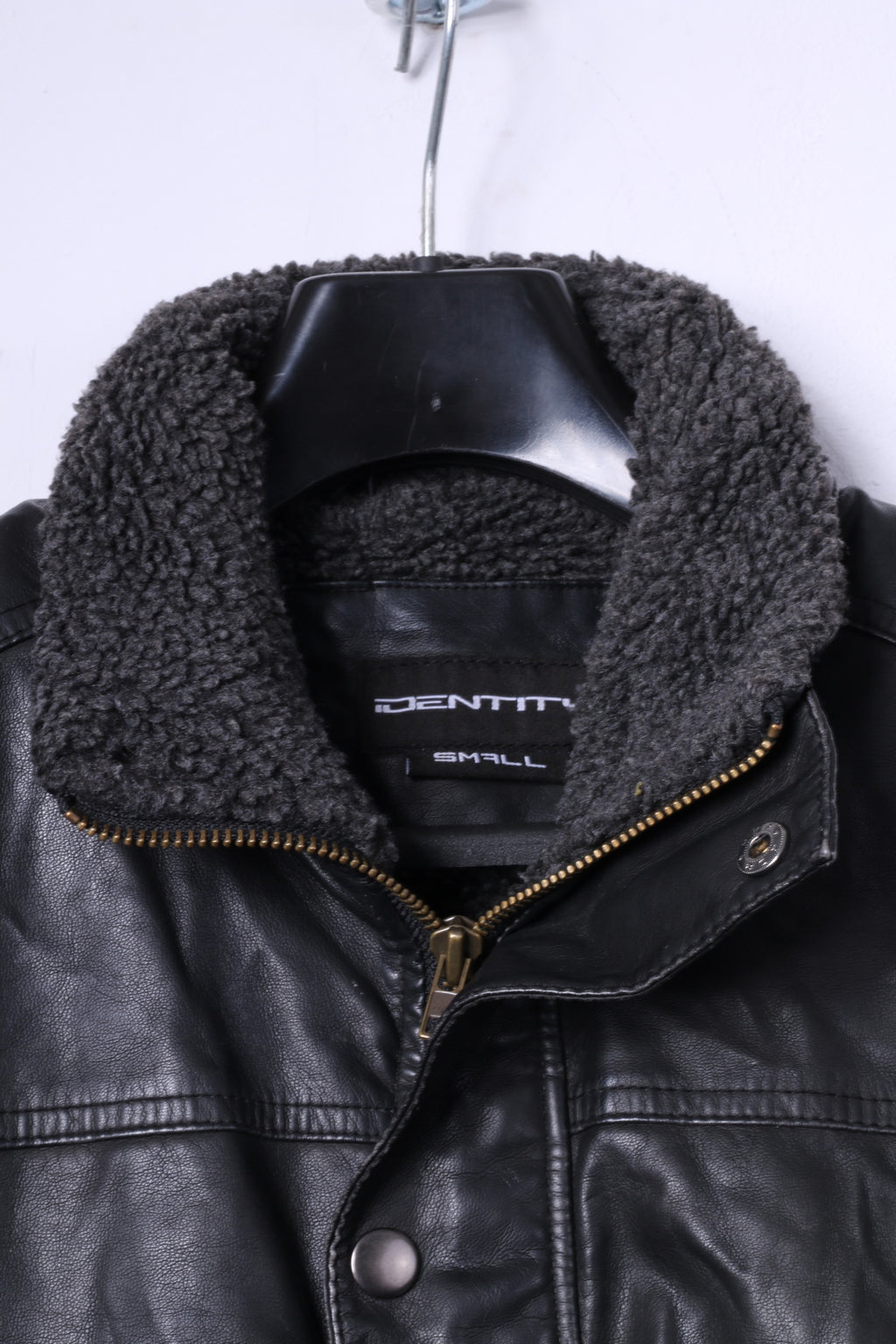 Identity Mens S Bomber Jacket Black Leather Imitation Fur Lined Biker Zip Up Top