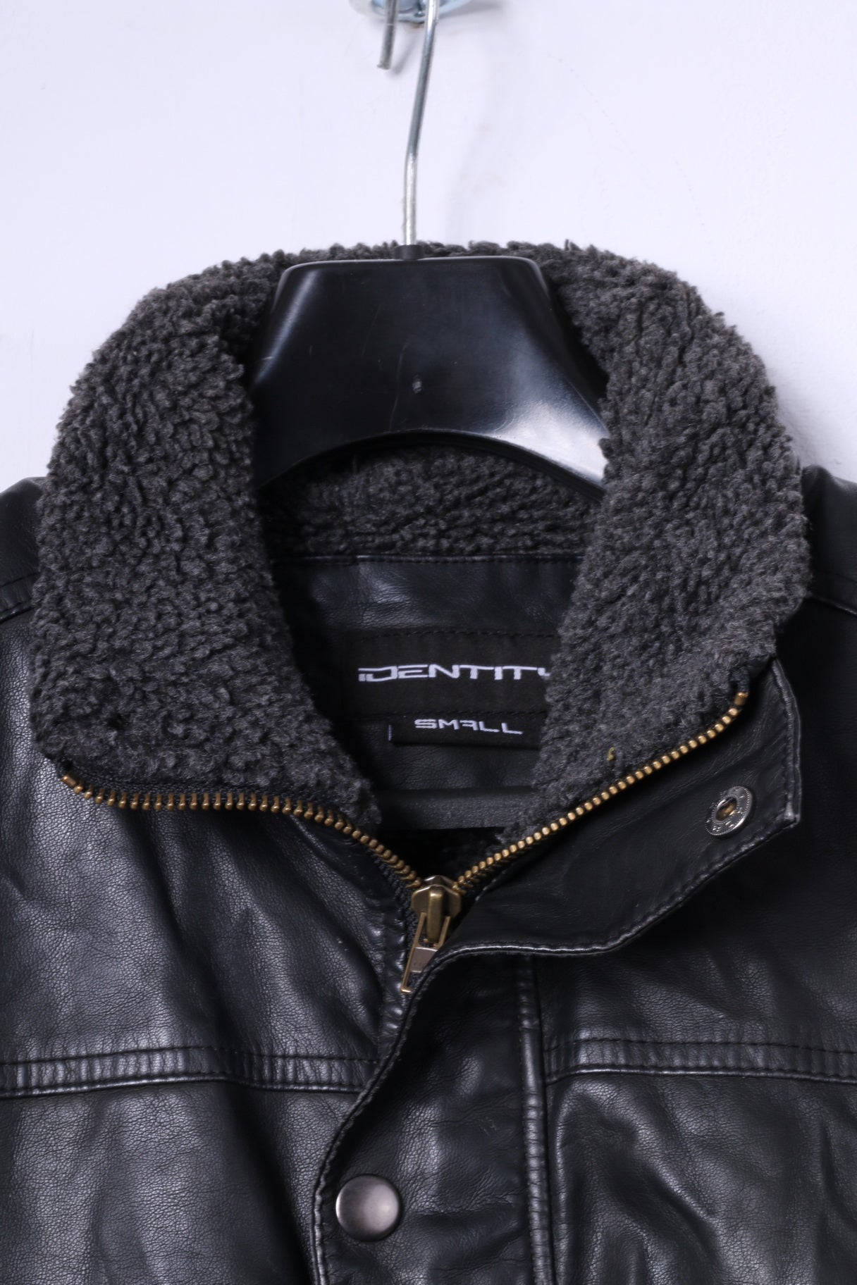 Identity Mens S Bomber Jacket Black Leather Imitation Fur Lined Biker Zip Up Top