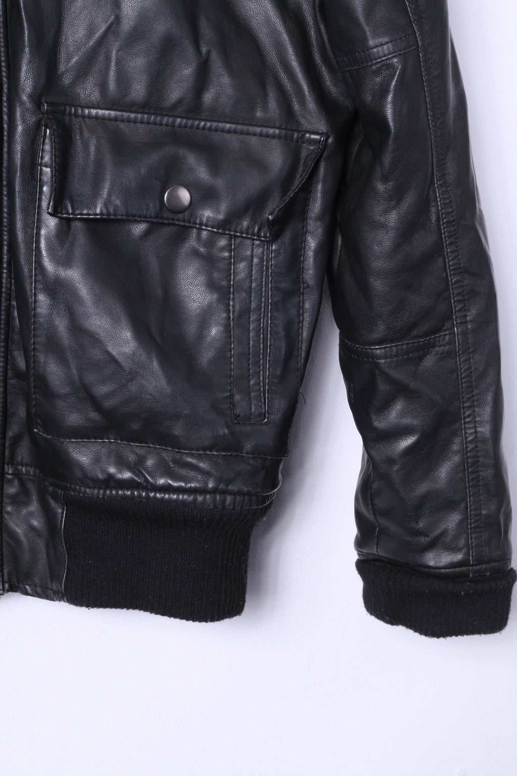 Identity Mens S Bomber Jacket Black Leather Imitation Fur Lined Biker Zip Up Top