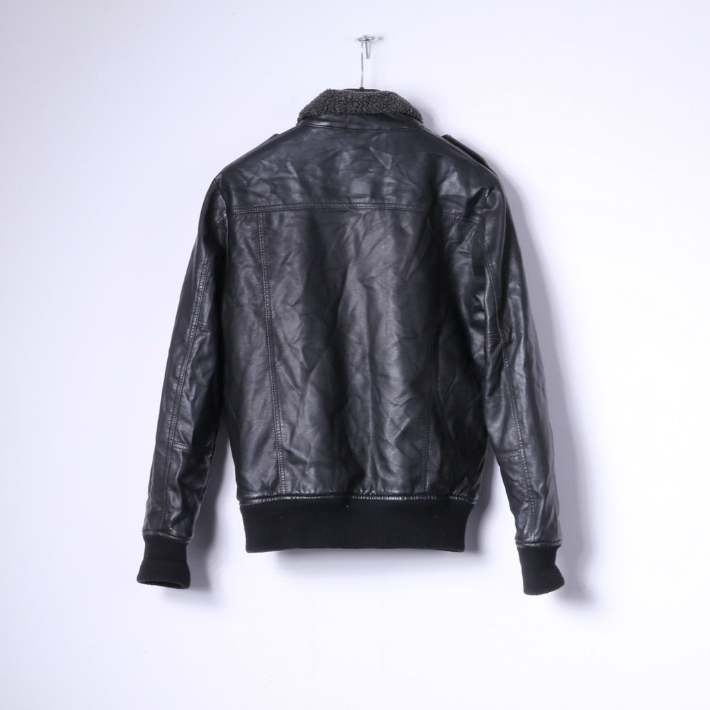 Identity Mens S Bomber Jacket Black Leather Imitation Fur Lined Biker Zip Up Top