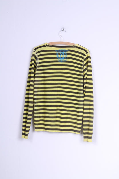 Emergie Womens  M Jumper Yellow Brown Striped V Neck Sweater