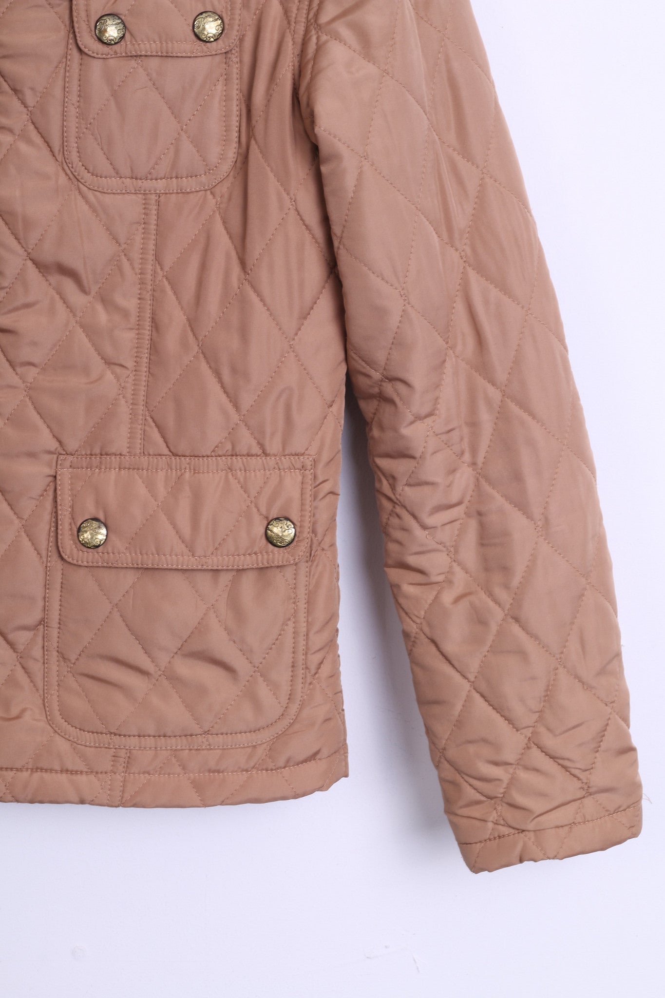 Parisian Womens 8 S Quilted Jacket Beige Patch Handcrafted - RetrospectClothes