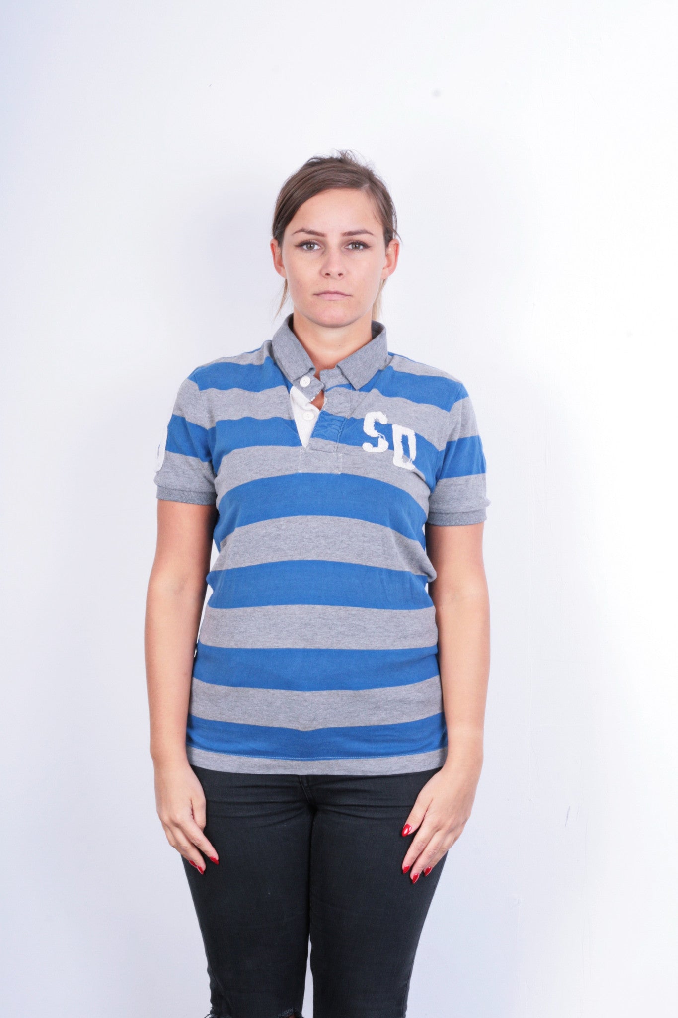 Superdry Womens S Polo Shirt Grey Cotton Striped - RetrospectClothes