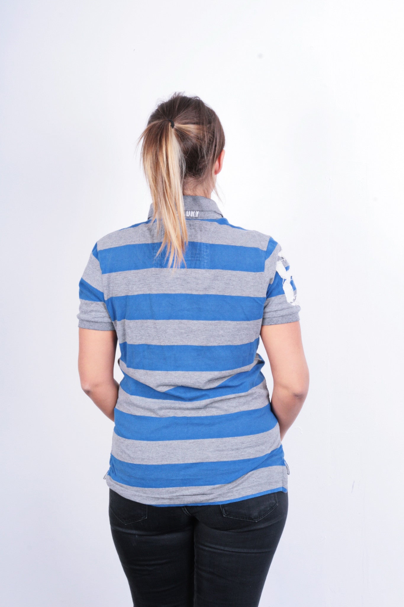 Superdry Womens S Polo Shirt Grey Cotton Striped - RetrospectClothes