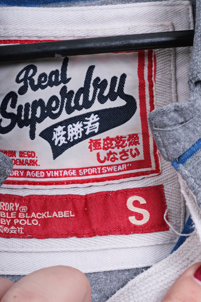 Superdry Womens S Polo Shirt Grey Cotton Striped - RetrospectClothes