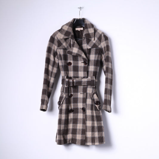 Kenvelo Womens S Coat Brown Check Wool Double Breasted Belted Classic Top