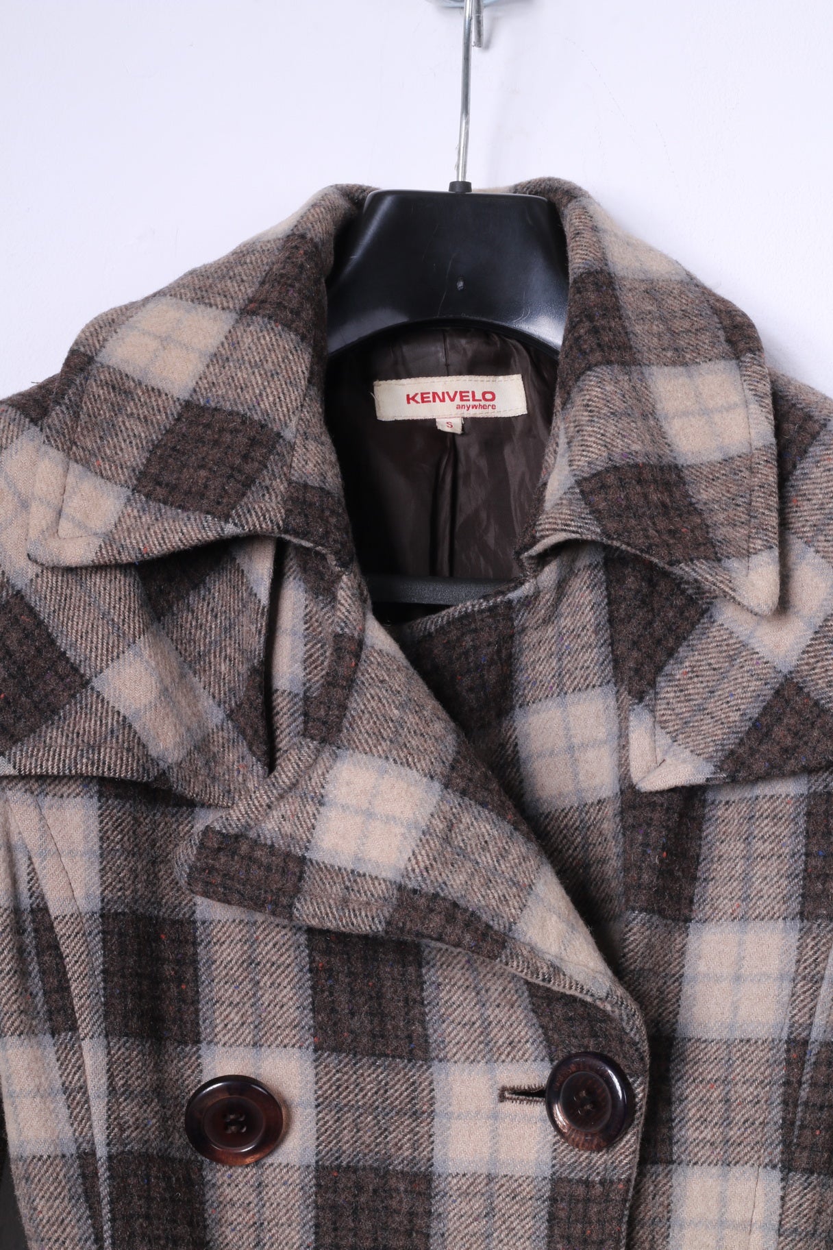 Kenvelo Womens S Coat Brown Check Wool Double Breasted Belted Classic Top